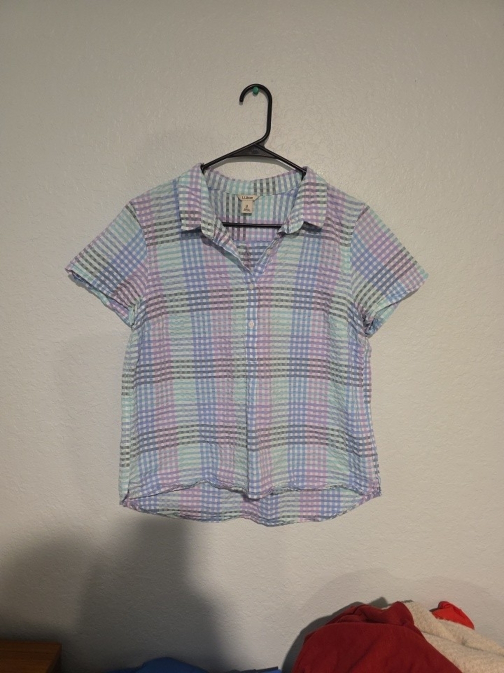 L.L. Bean Pastel Plaid Short-Sleeve Button-Up Crinkle M Petite